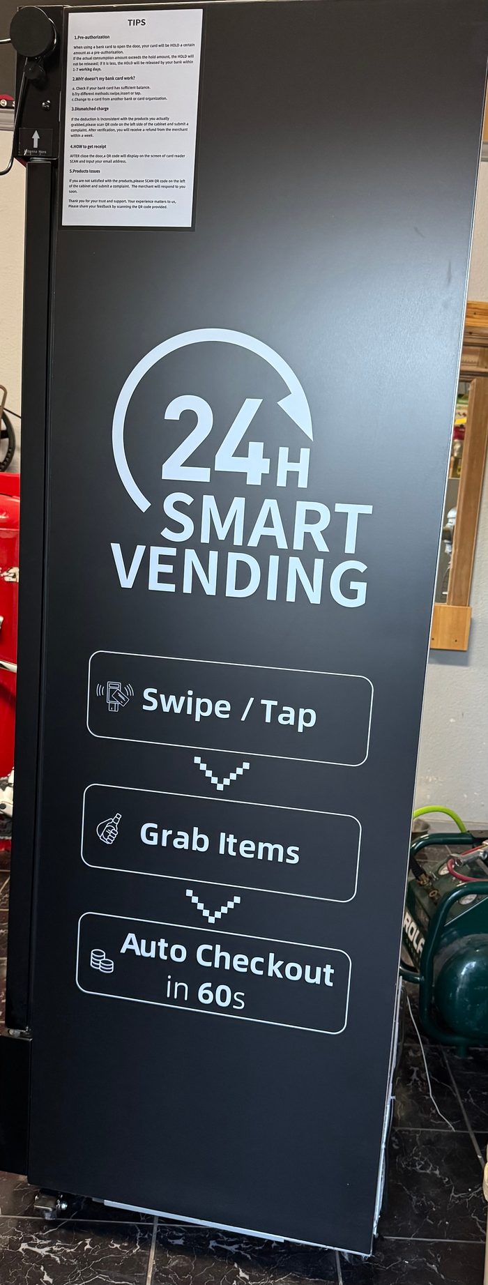 Side panel of the machine showing the '24H Smart Vending' branding and the three-step buyer flow: Swipe / Tap, then Grab Items, then Auto Checkout in 60 seconds.